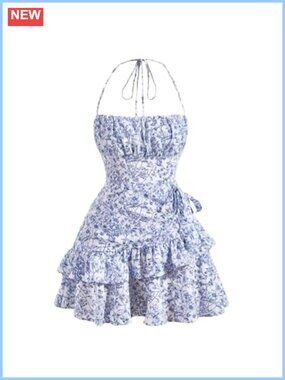 Floral Halter Ruffle Tiered Mini Dress Sleeveless Cute Summer Cami